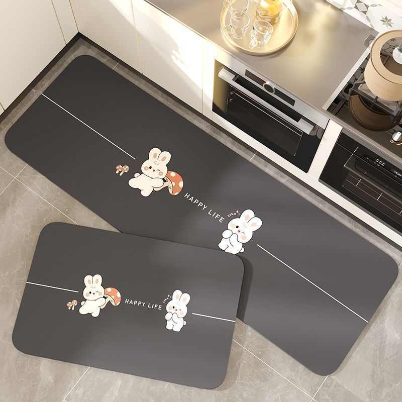 Cartoon cute kitchen floor mat, water-absorbing, oil-absorbing and anti-slip mat. Long strip, dirt-resistant and easy-to-maintain diatom mud floor mat for the dining room