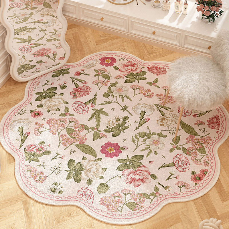 French floral round carpet, dirt-resistant and easy to maintain, pink for girls' wardrobe, anti-slip carpet for bedroom, imitation cashmere carpet