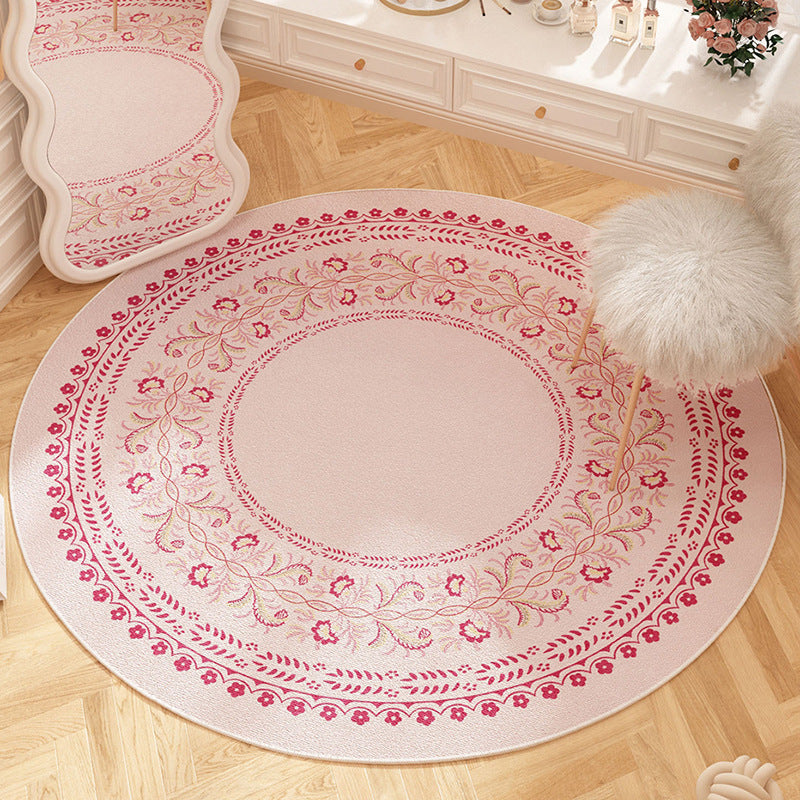 French floral round carpet, dirt-resistant and easy to maintain, pink for girls' wardrobe, anti-slip carpet for bedroom, imitation cashmere carpet