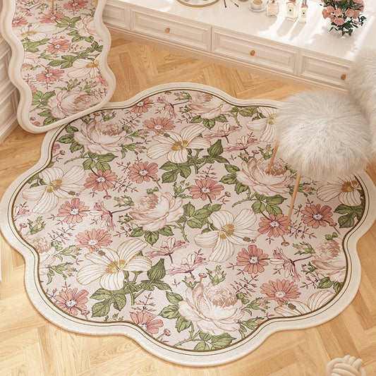 French floral round carpet, dirt-resistant and easy to maintain, pink for girls' wardrobe, anti-slip carpet for bedroom, imitation cashmere carpet