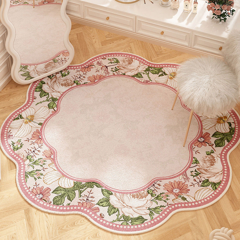 French floral round carpet, dirt-resistant and easy to maintain, pink for girls' wardrobe, anti-slip carpet for bedroom, imitation cashmere carpet