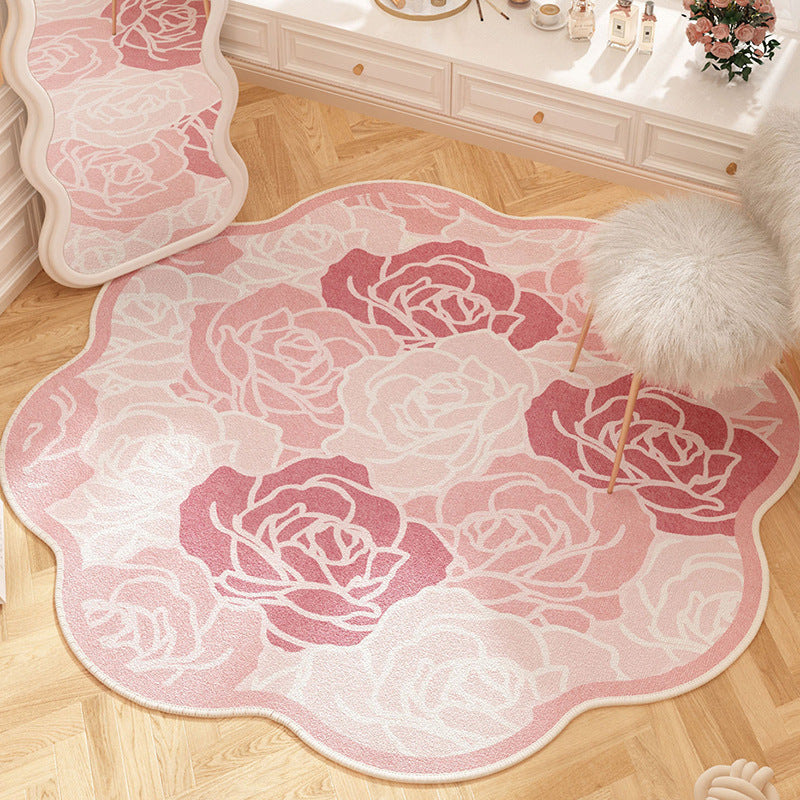 French floral round carpet, dirt-resistant and easy to maintain, pink for girls' wardrobe, anti-slip carpet for bedroom, imitation cashmere carpet