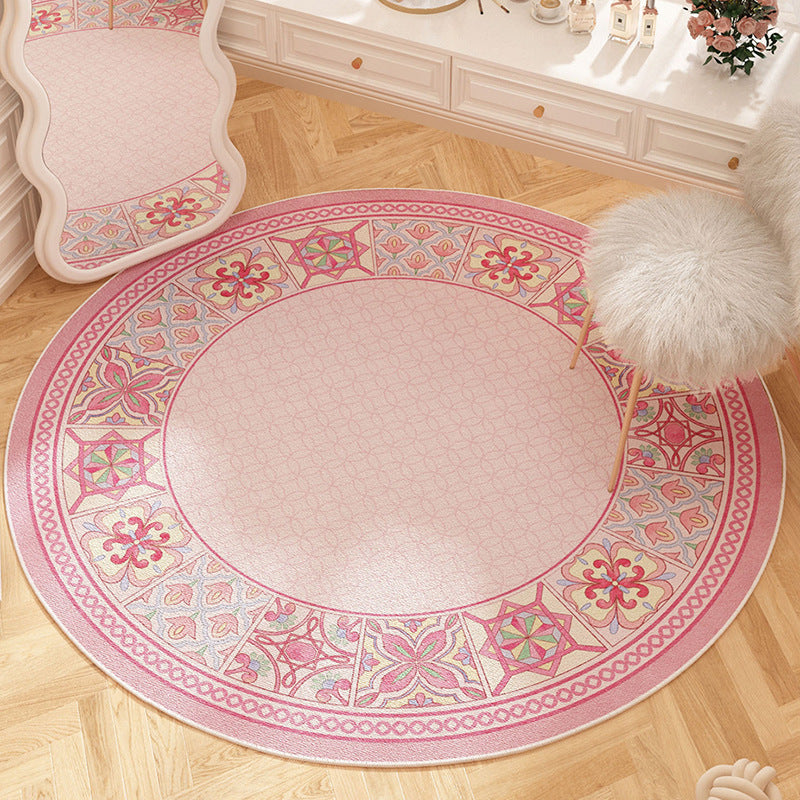 French floral round carpet, dirt-resistant and easy to maintain, pink for girls' wardrobe, anti-slip carpet for bedroom, imitation cashmere carpet