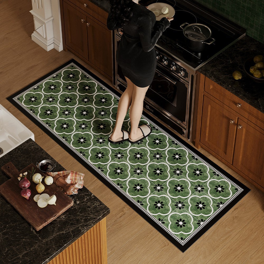 American retro flower tile kitchen floor mat, household water-absorbing quick-drying anti-slip mat, dirt-resistant and easy-to-maintain diatom mud foot mat