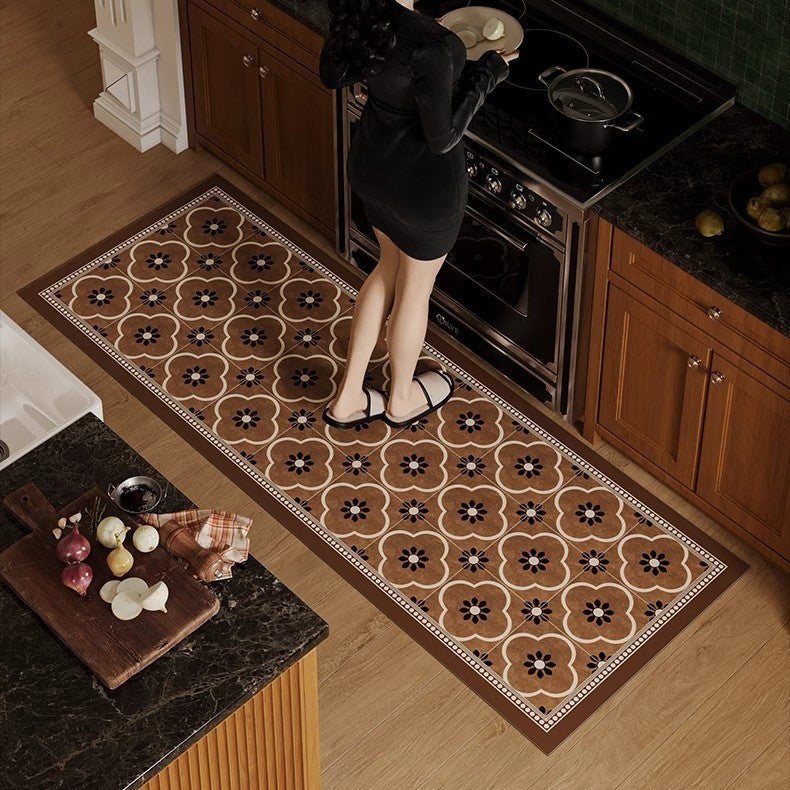American retro flower tile kitchen floor mat, household water-absorbing quick-drying anti-slip mat, dirt-resistant and easy-to-maintain diatom mud foot mat