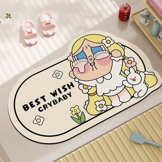 Cartoon crying baby bathroom diatom mud floor mat, household bathroom water-absorbing and anti-slip foot mat, easy to maintain entrance door floor mat