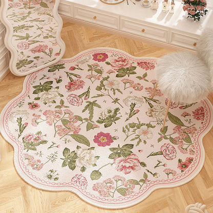French floral round carpet, dirt-resistant and easy to maintain, pink for girls' wardrobe, anti-slip carpet for bedroom, imitation cashmere carpet