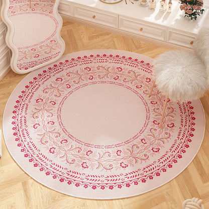 French floral round carpet, dirt-resistant and easy to maintain, pink for girls' wardrobe, anti-slip carpet for bedroom, imitation cashmere carpet