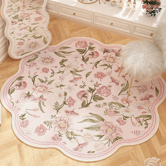 French floral round carpet, dirt-resistant and easy to maintain, pink for girls' wardrobe, anti-slip carpet for bedroom, imitation cashmere carpet